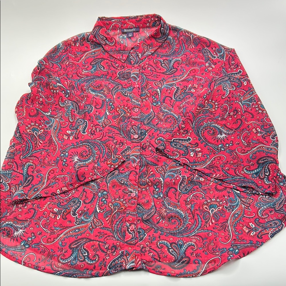 Roaman's Paisley Bell Sleeves Button Blouse Flowy Maximalist 22W Pink Breathable